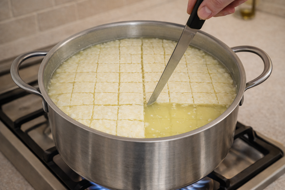 нож делает надрез на поверхности сгустка